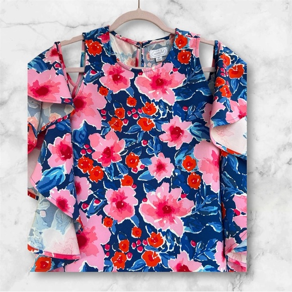 Mudpie Floral Ruffle Dress in Blue and Pink Sz M nwot #002 - Picture 2 of 3